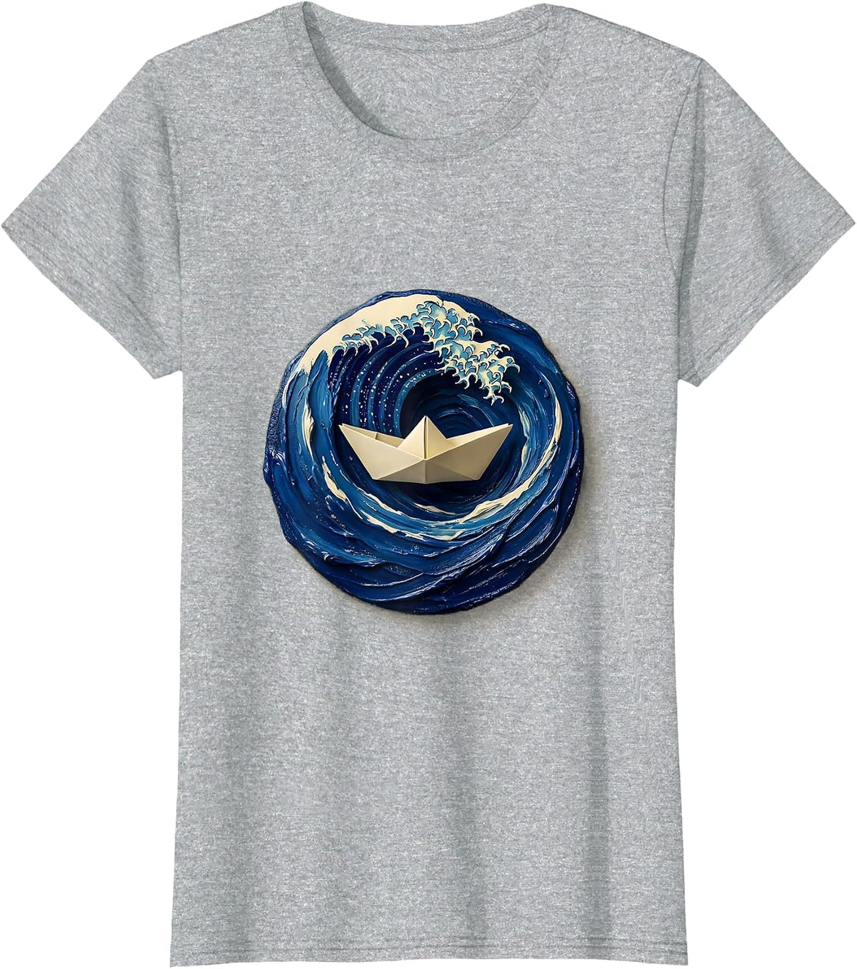 Women's Small Boat vs Massive Waves Nautical Art T-Shirt - Heather Grey