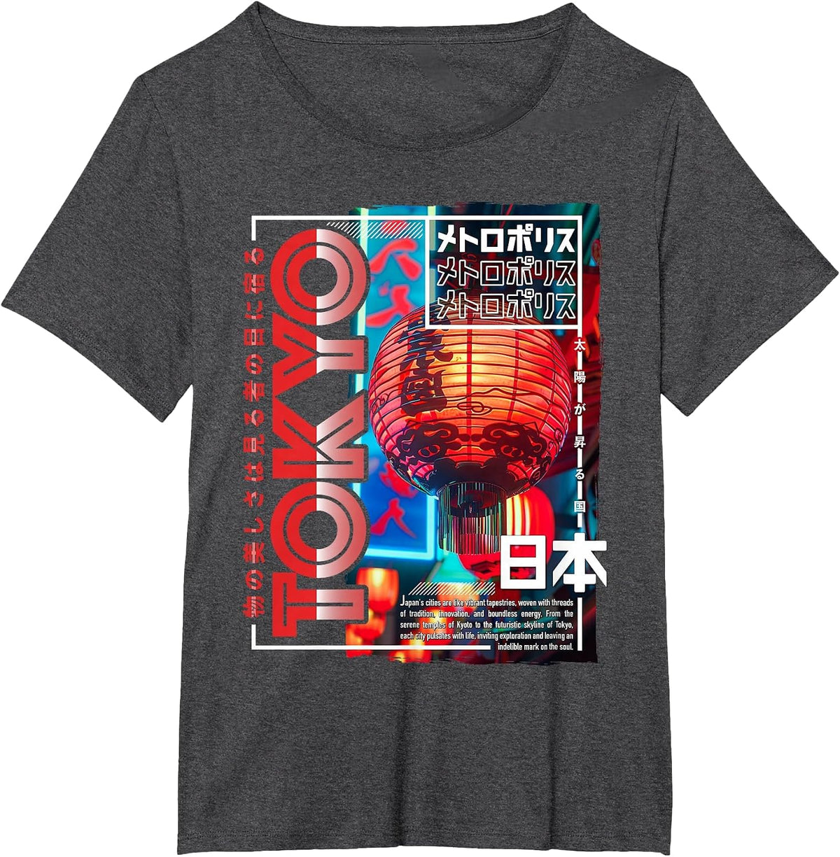 Tokyo City 80s Synthwave Lampion Japan Tokyo T-Shirt - Dark Heather Grey