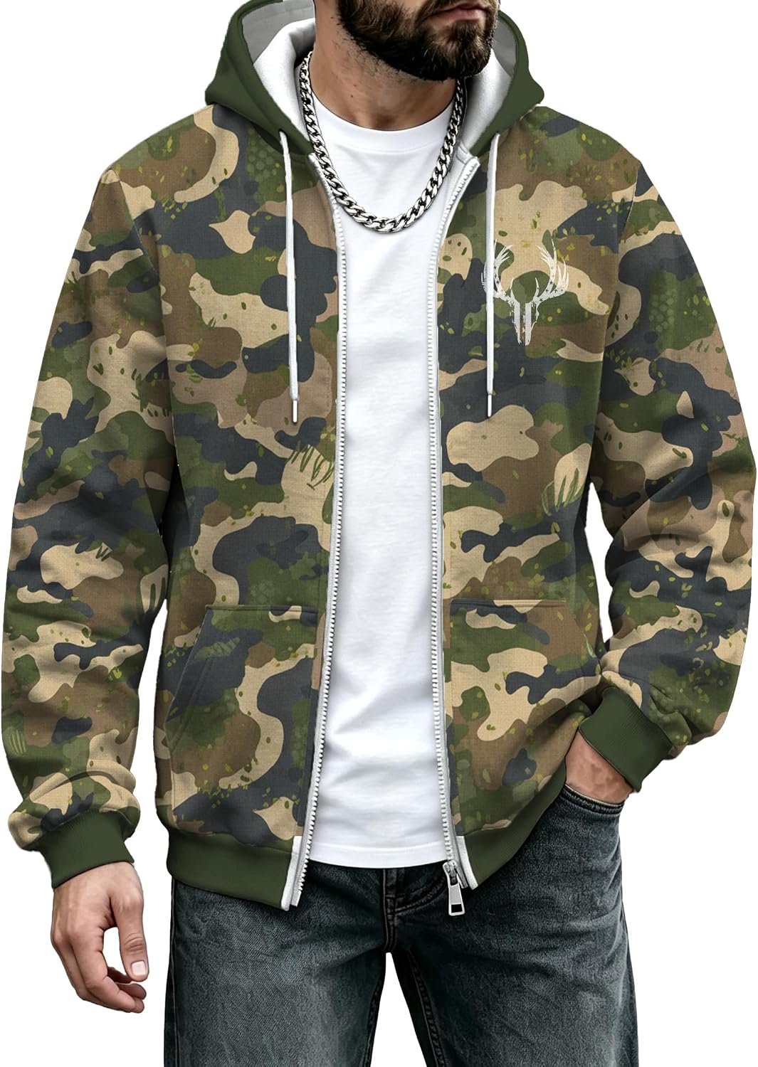 DMOYALA Mens Camo Zip Up Hoodie Hunting Fleece Jacket Western Print Oversized Long Sleeve Hooded Sweatshirt - Camo Elk