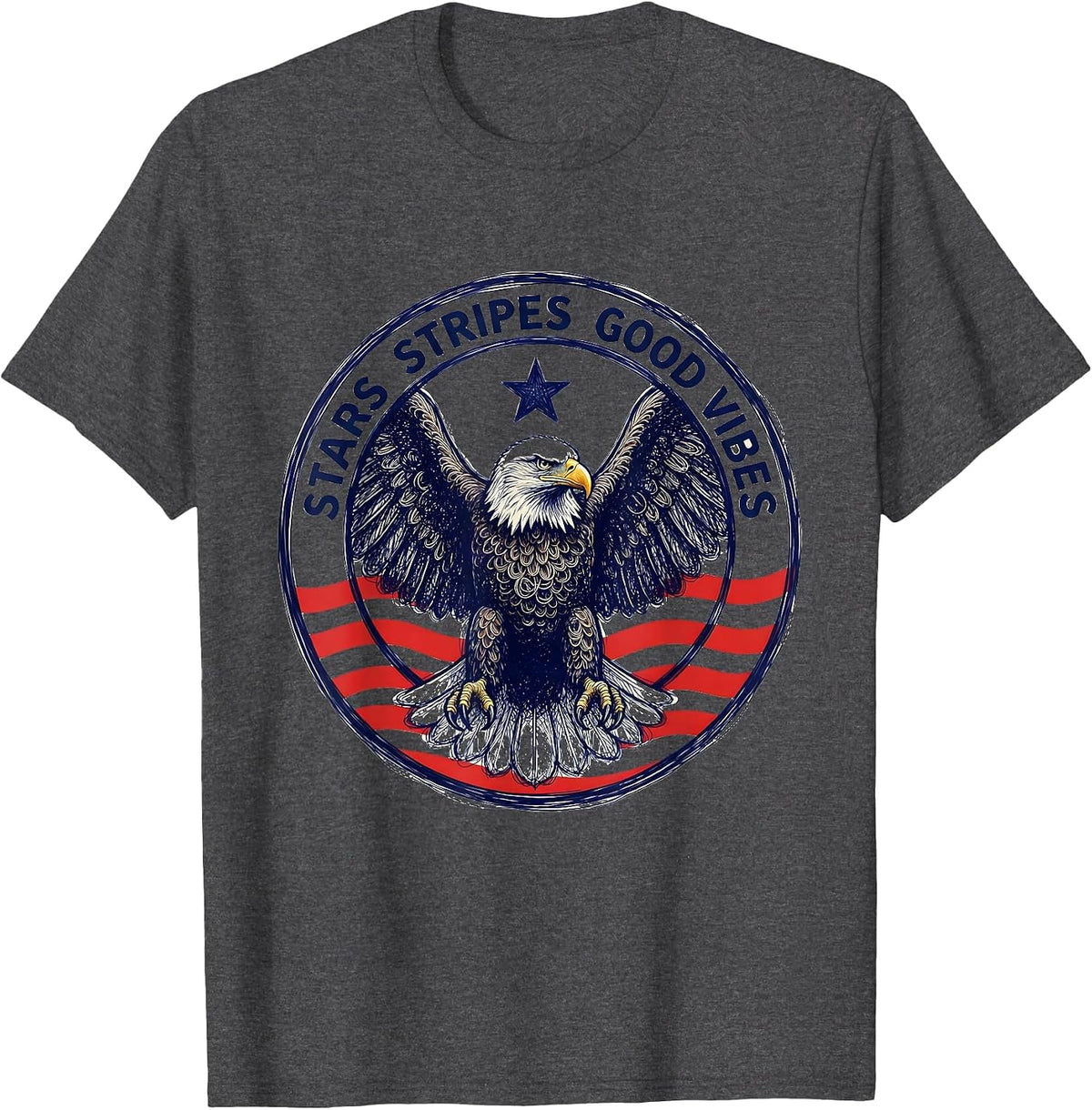 Men's Stars Stripes Good Vibes USA Patriotic Design T-Shirt - Dark Heather Grey