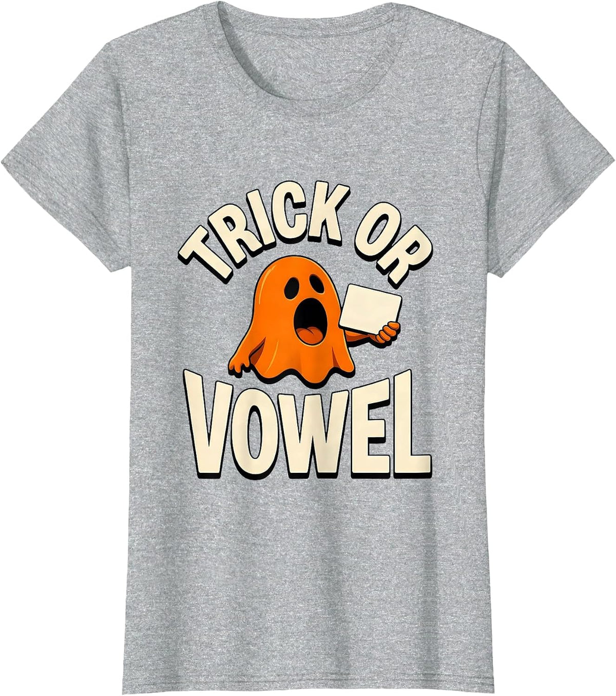 Women's Trick Or Vowel Funny Halloween Speech Therapy SLP Teacher T-Shirt - Heather Grey