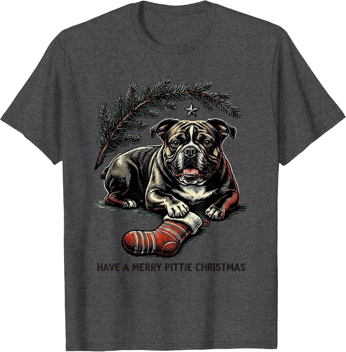 Have A Merry Pittie Christmas Funny Pitbull Lover Linocut T-Shirt - Dark Heather Grey