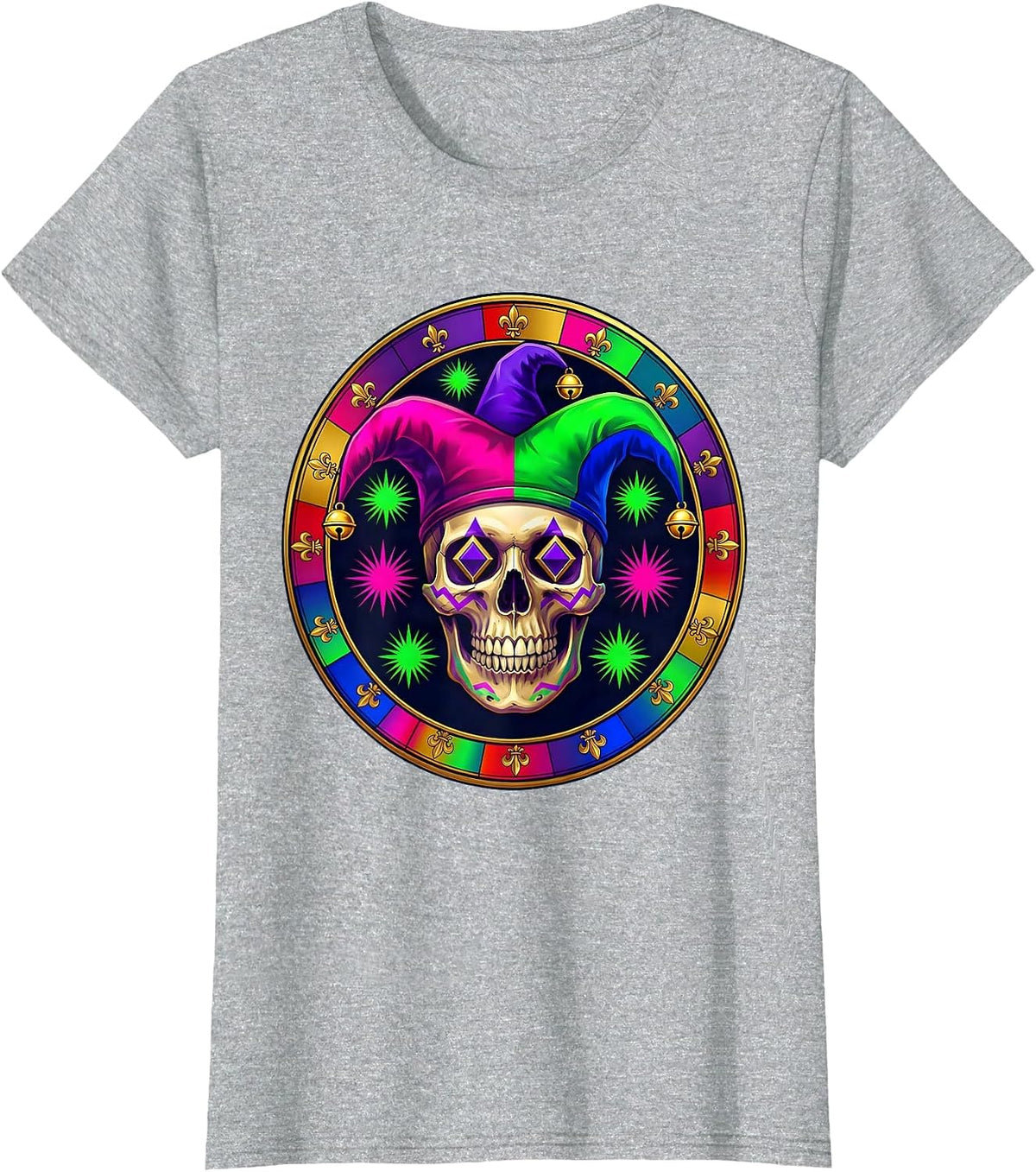 Women's Mardi Gras Jester Skull Three-Pointed Bell Hat T-Shirt - Heather Grey