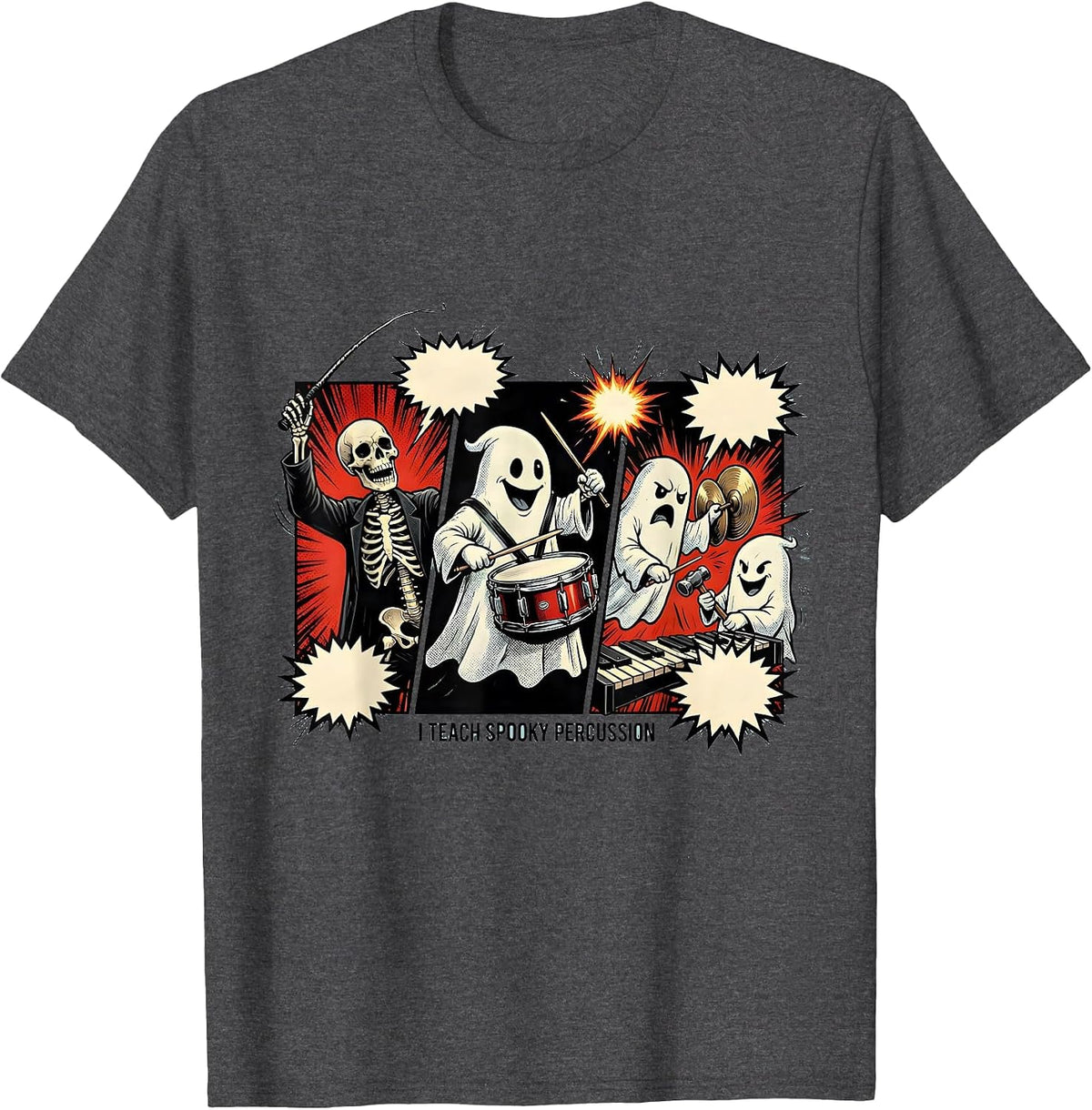 Men's I Teach Spooky Percussion Comic Book Halloween Music Teacher T-Shirt - Dark Heather Grey