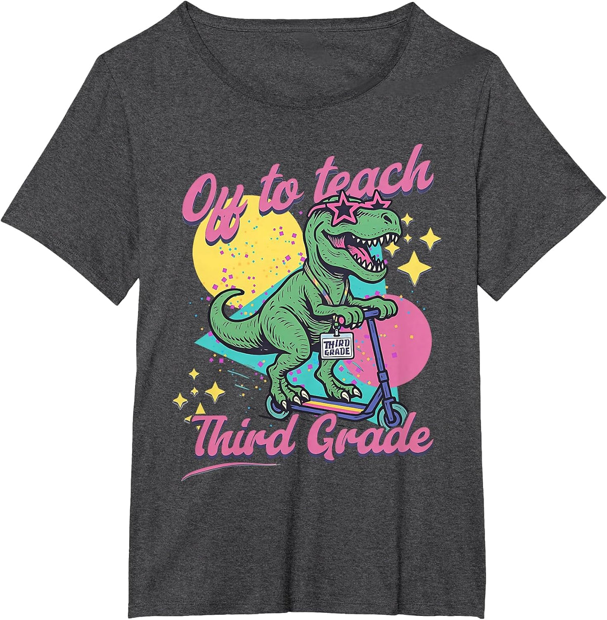 Off to Teach Third Grade Retro Dinosaur Scooter Teacher 3rd T-Shirt - Dark Heather Grey
