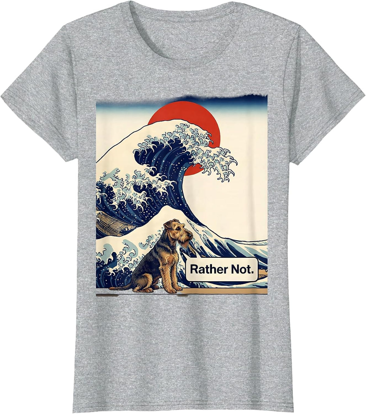 Women's Rather Not Ukiyo-e Airedale Terrier Surfing Great Wave T-Shirt - Heather Grey