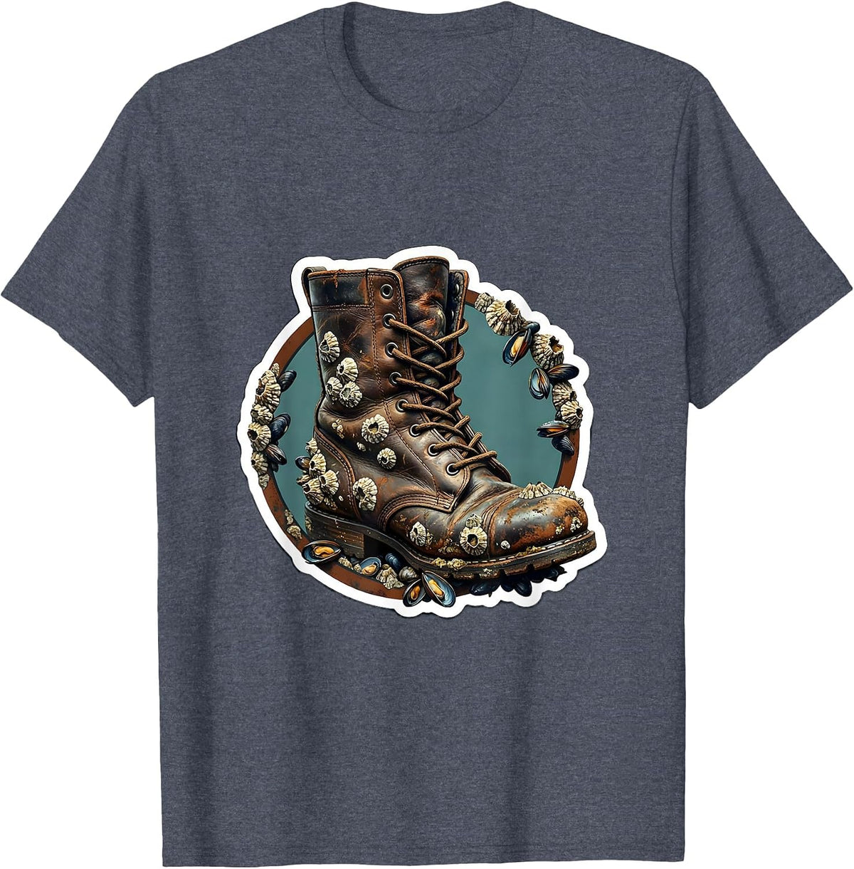Salty Old Sailor Boot Barnacle Illustration T-Shirt - Heather Blue