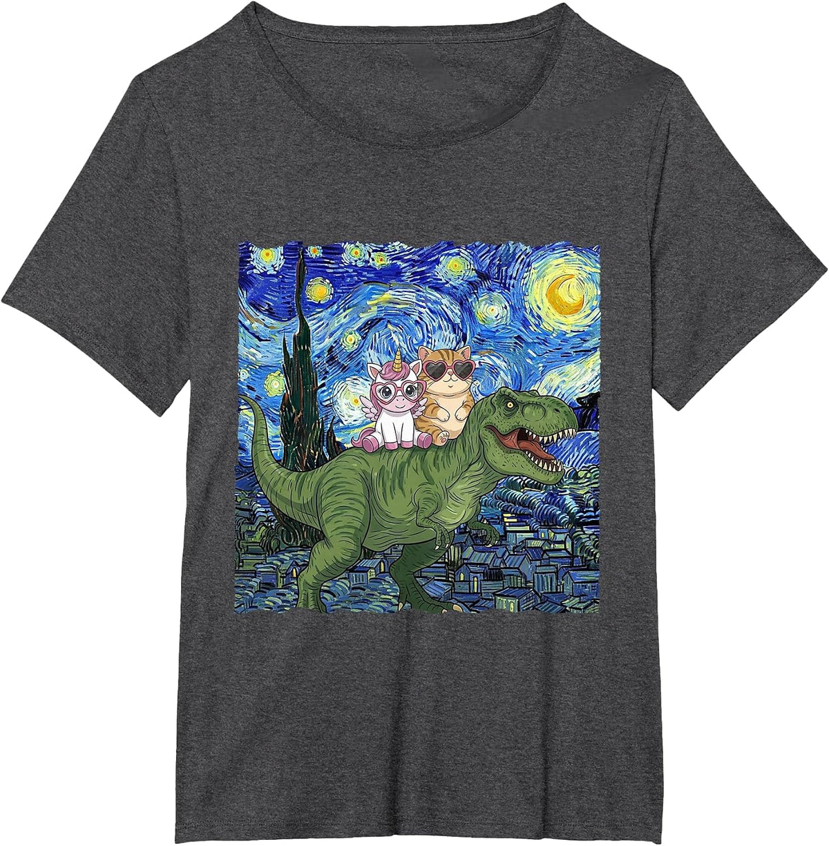 Cat Unicorn Riding Dinosaur T rex Kitten Lover Starry Night T-Shirt - Dark Heather Grey