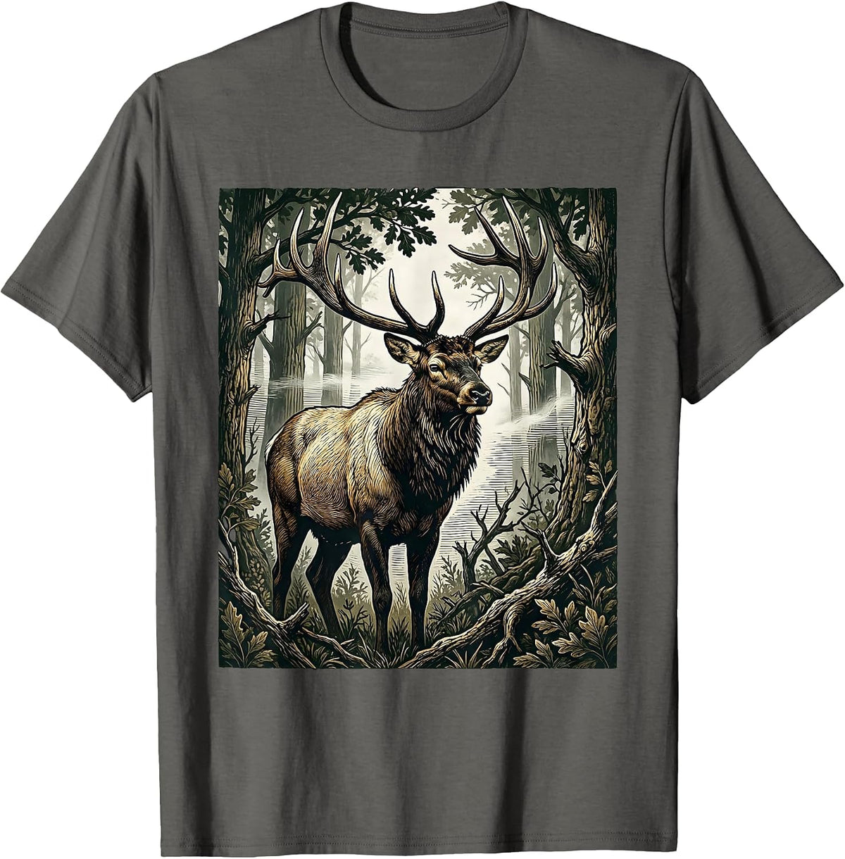 Bull Elk in Misty Camo Woods Illustration T-Shirt - Asphalt Grey