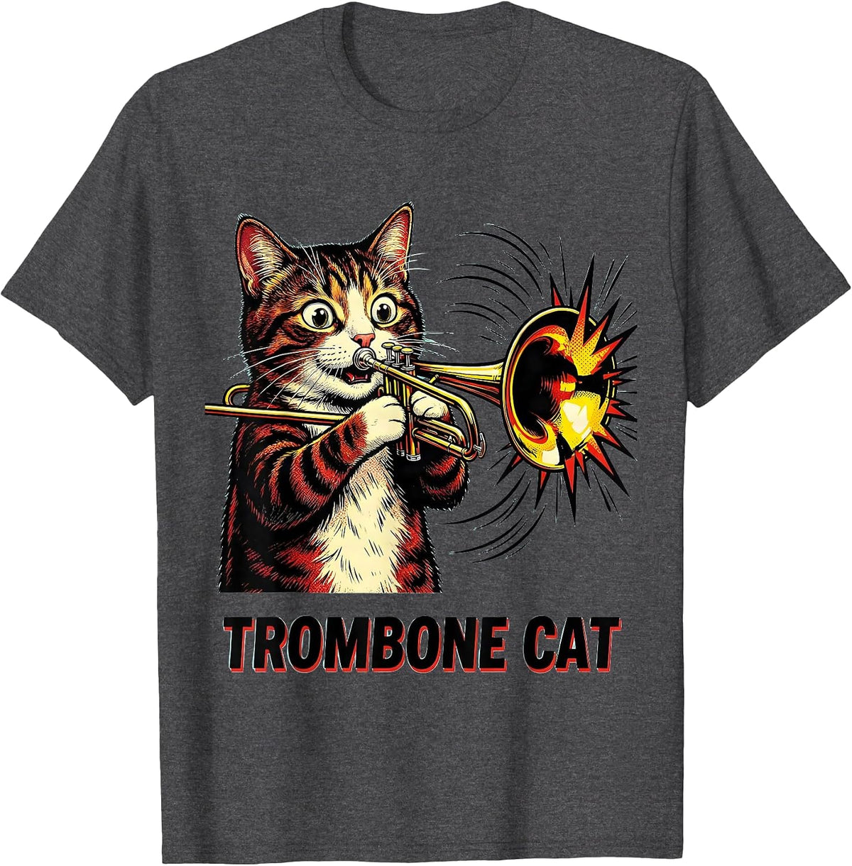 Trombone Cat Pop Art Funny Cat Musician Music Teacher Gift T-Shirt - Dark Heather Grey