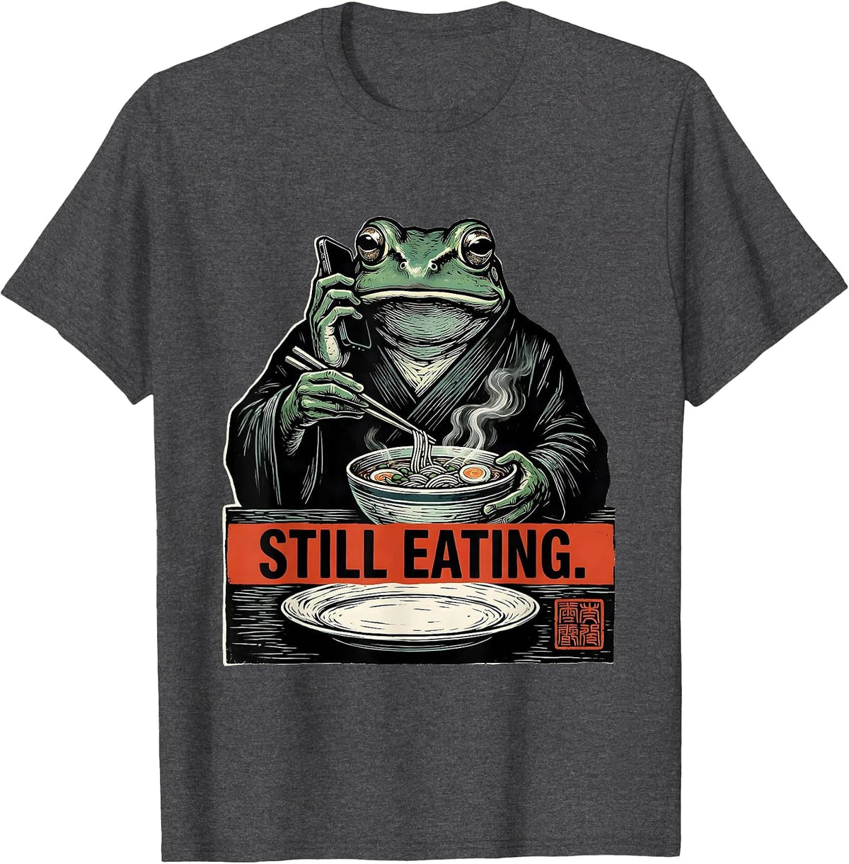 Men's Still Eating Grumpy Frog Ramen Japanese Art Ukiyo-e Humor T-Shirt - Dark Heather Grey