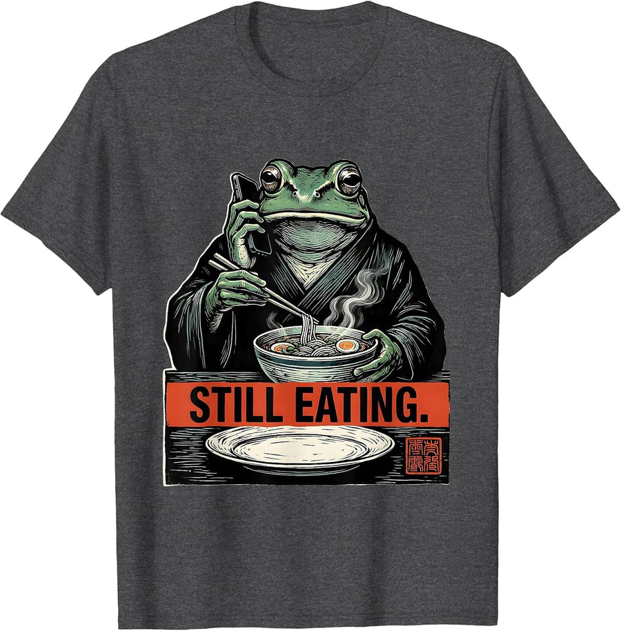 Men's Still Eating Grumpy Frog Ramen Japanese Art Ukiyo-e Humor T-Shirt - Dark Heather Grey