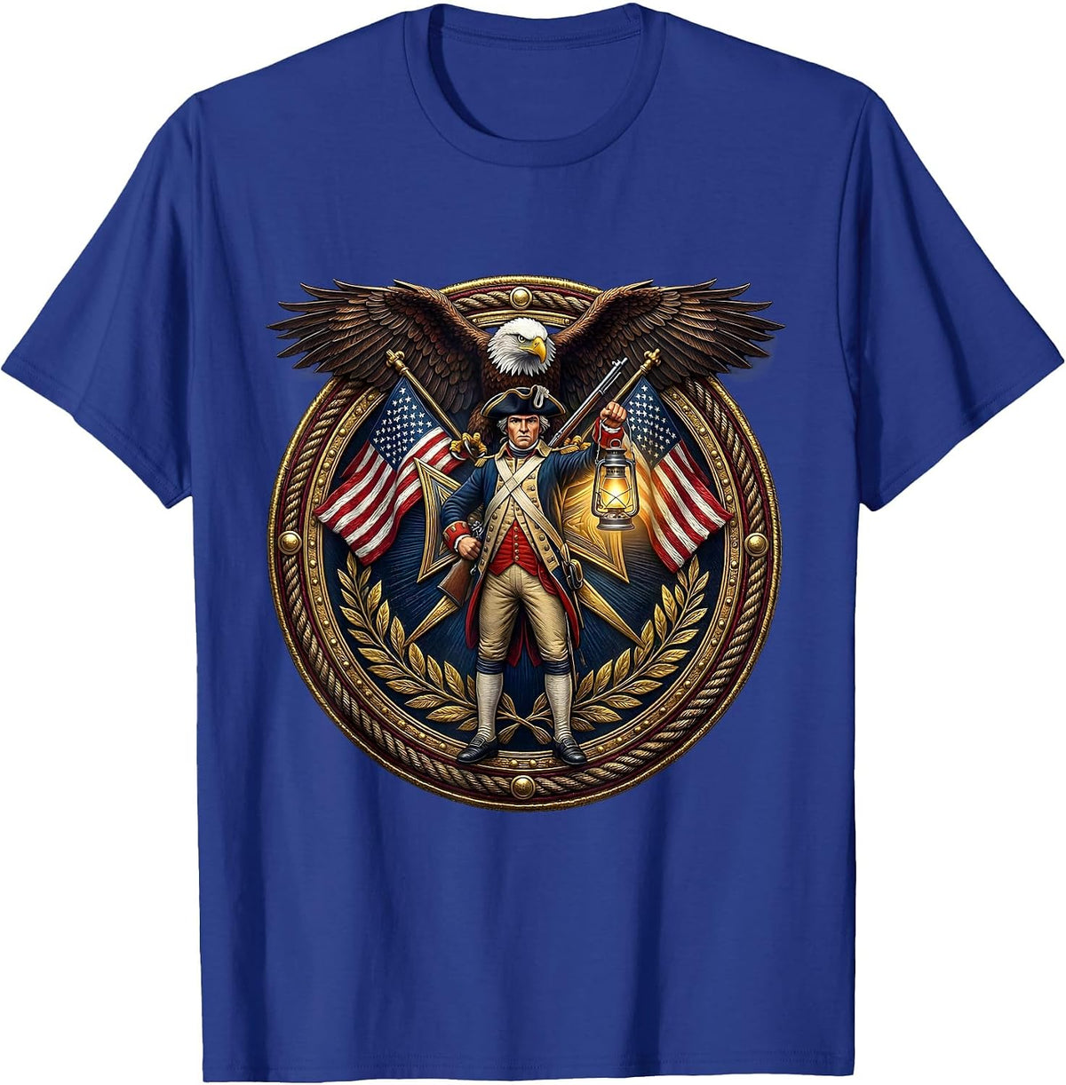 Colonial Minuteman Musket and Lantern Patriotic T-Shirt - Royal Blue