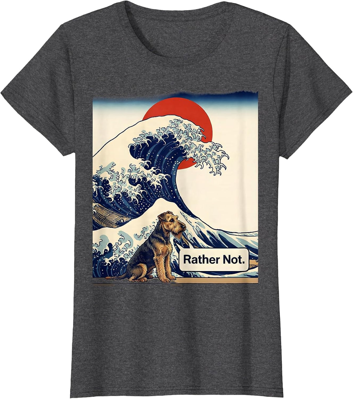 Women's Rather Not Ukiyo-e Airedale Terrier Surfing Great Wave T-Shirt - Dark Heather Grey