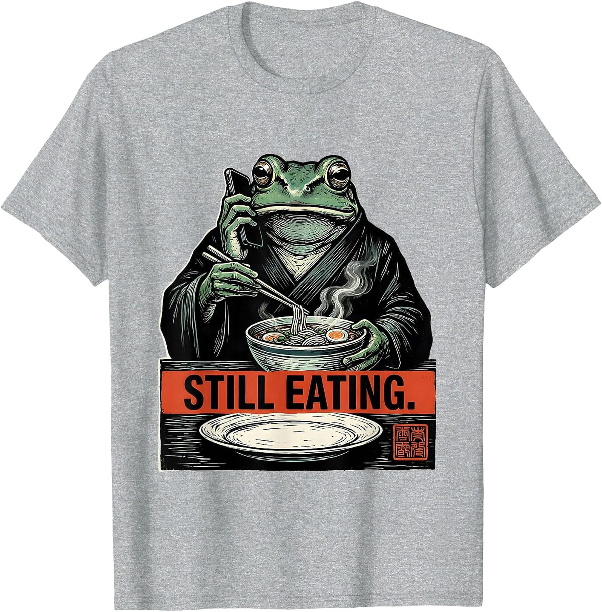 Men's Still Eating Grumpy Frog Ramen Japanese Art Ukiyo-e Humor T-Shirt - Heather Grey
