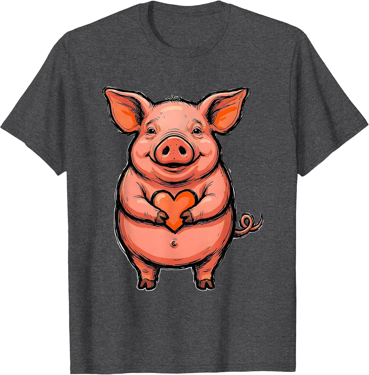 Men's Pig Hugging Heart Cheerful Farm Animal Humor T-Shirt - Dark Heather Grey