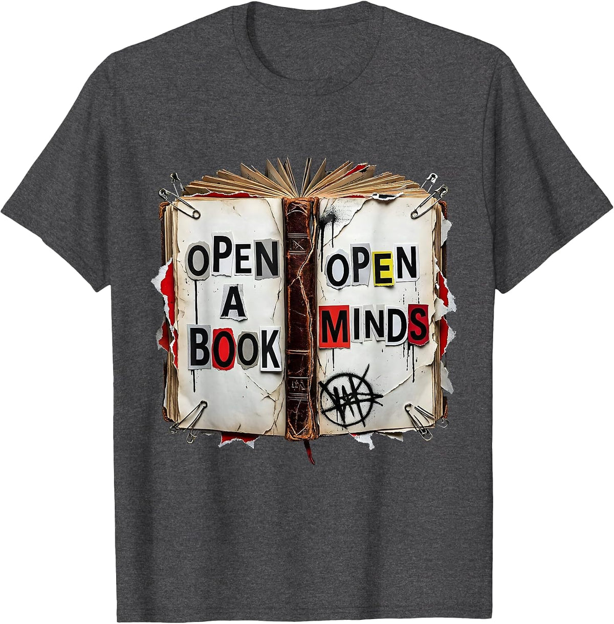 Men's Open a Book Open Minds Reading Teacher Design T-Shirt - Dark Heather Grey