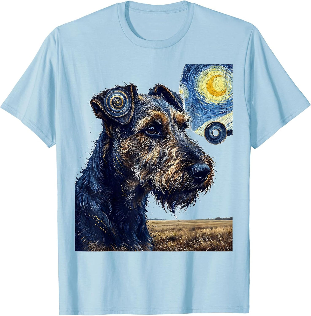 Men's Airedale Terrier Van Gogh Starry Night Breed Portrait T-Shirt - Baby Blue