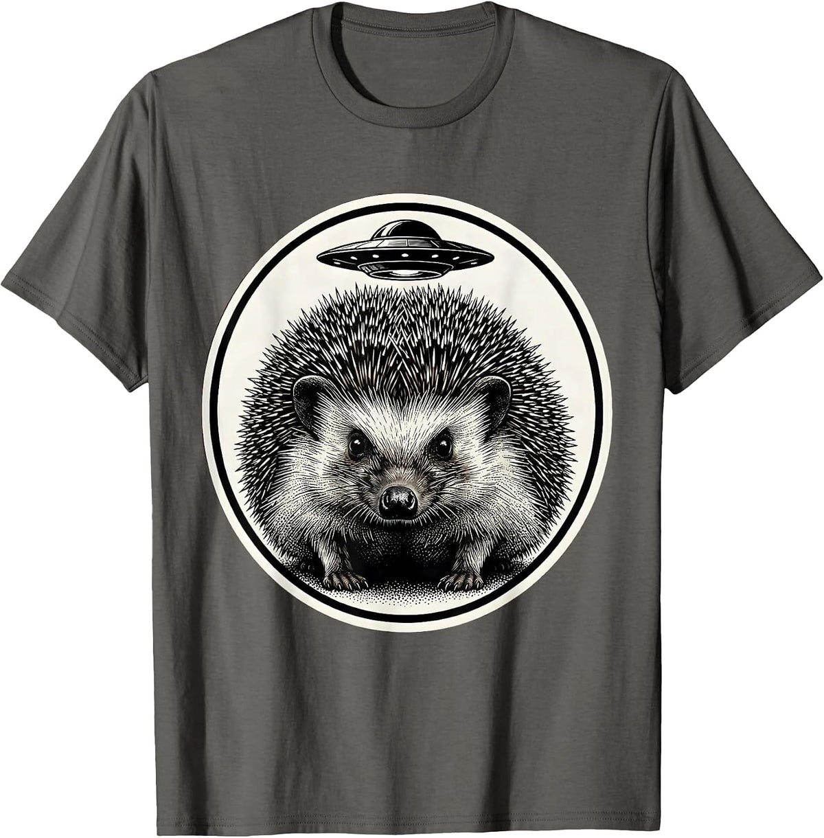 Men's Hedgehog UFO Dotwork Animal Lover Humor T-Shirt - Asphalt Grey