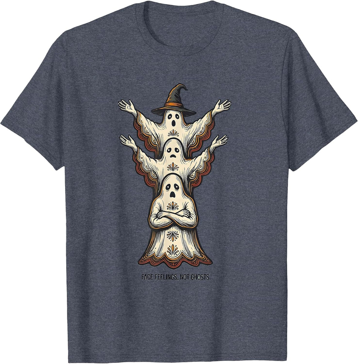 Face Feelings, Not Ghosts Folk Art Halloween Mental Health T-Shirt - Heather Blue