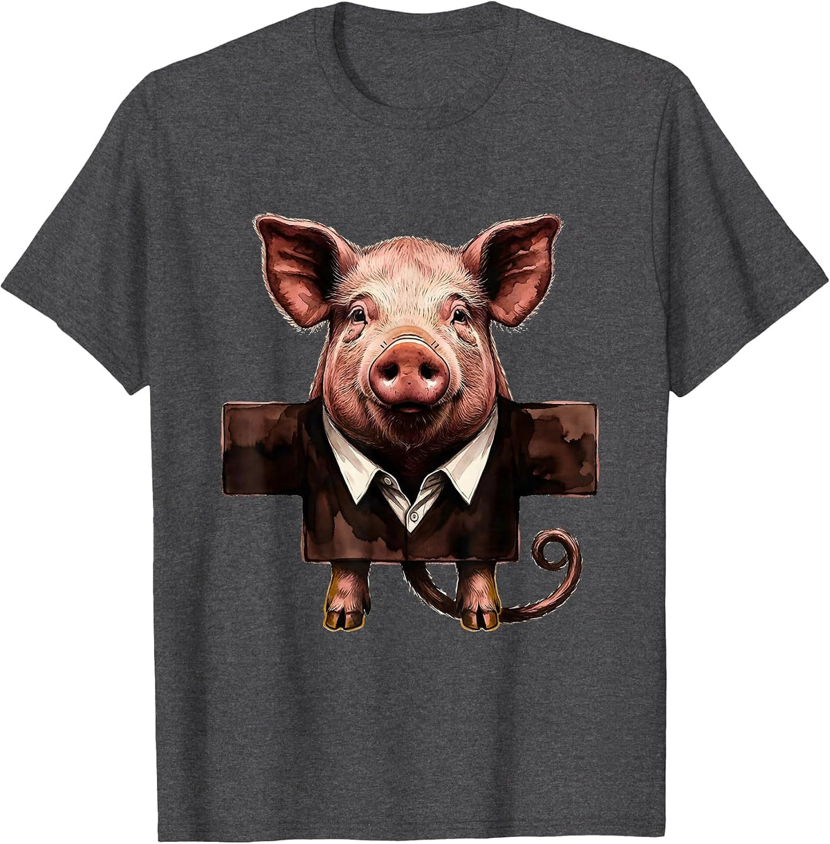 Pig Head Rising Through Collar Novelty Halloween Costume T-Shirt - Dark Heather Grey