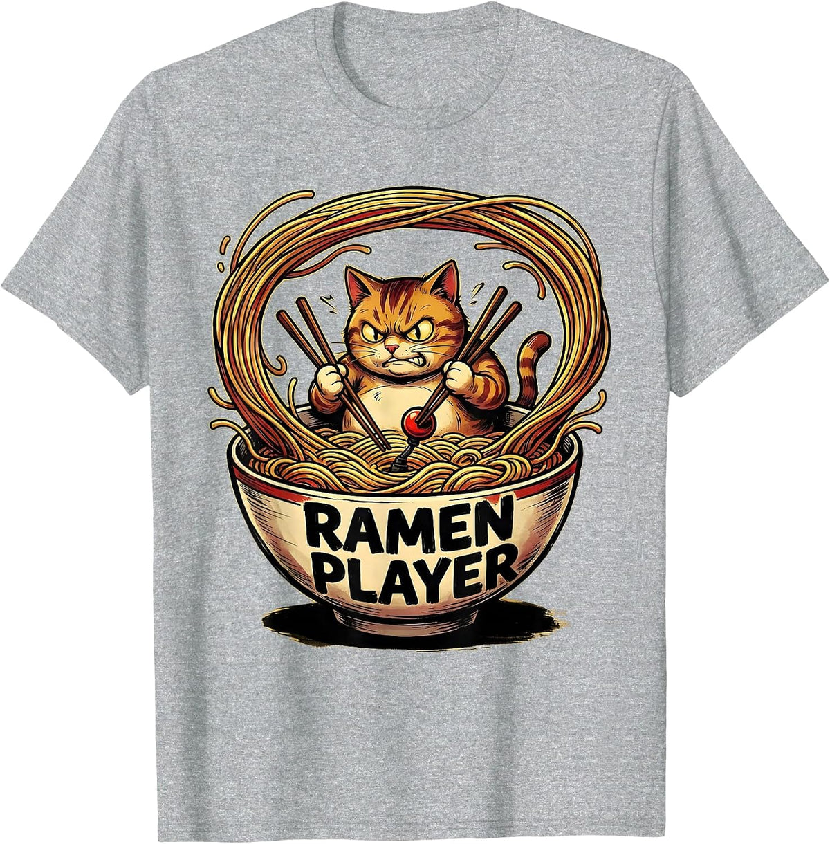 Men's Ramen Player Cartoon Cat Anime Japanese Kawaii Gamer Gift T-Shirt - Heather Grey