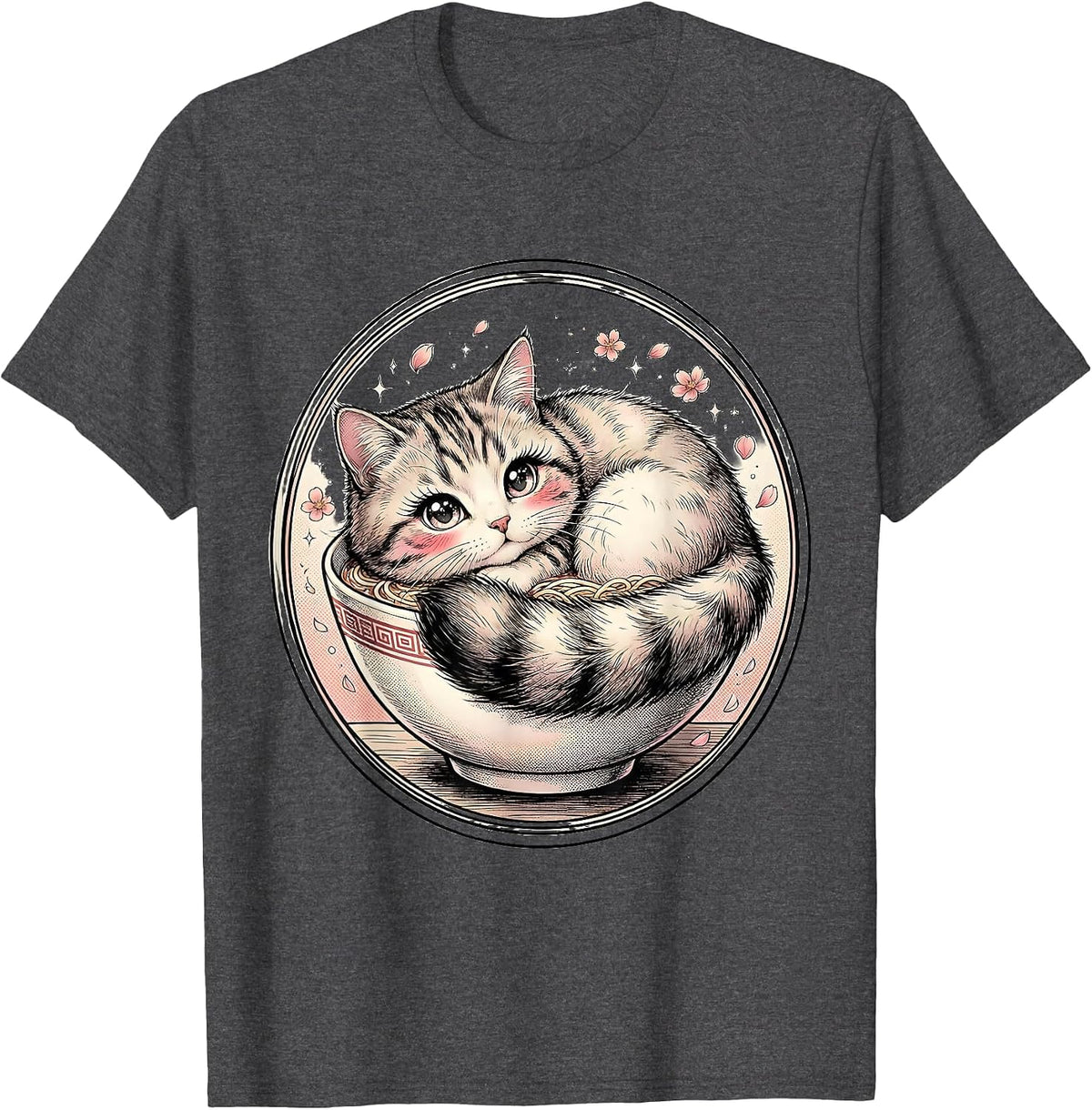 Men's Kawaii Ramen Bowl Cat Cute Cozy Illustration T-Shirt - Dark Heather Grey