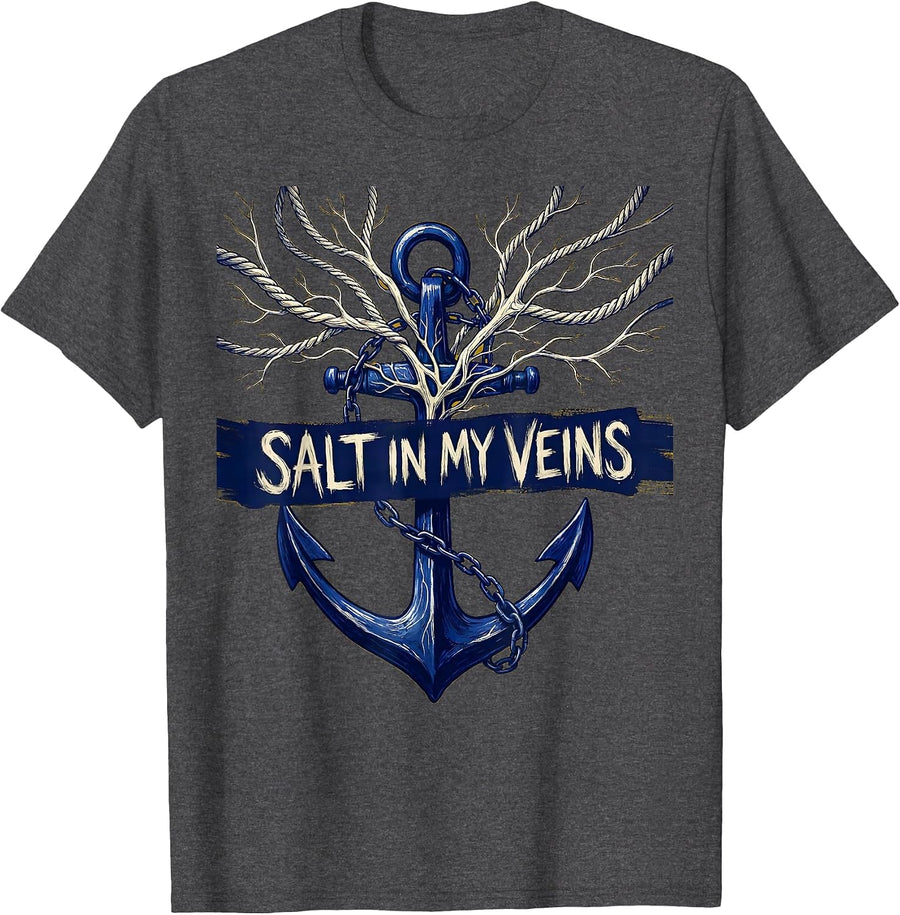 Men's Salt In My Veins Sailor Nautical Design T-Shirt - Dark Heather Grey
