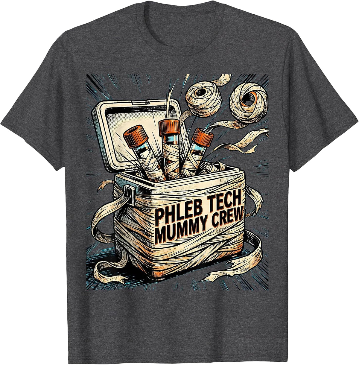 Phleb Tech Mummy Crew Comic Book Halloween Medical Crew T-Shirt - Dark Heather Grey