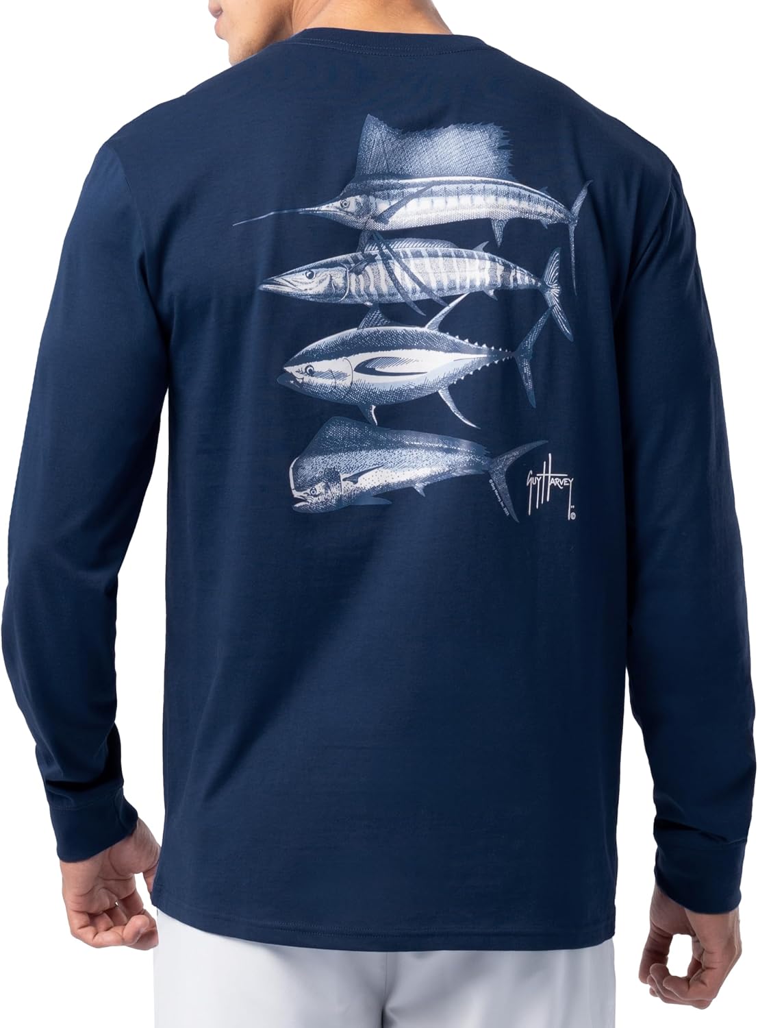 Guy Harvey Men’s Long Sleeve Lightweight Cotton Fishing Graphic T-Shirt - Estate Blue\/Slam Stencil