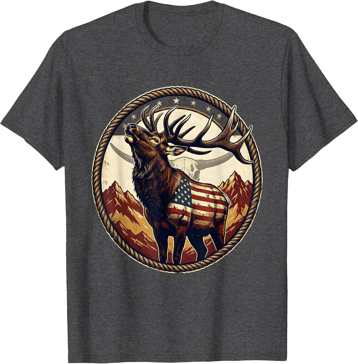 Men's Elk Bugling in Misty Mountain Meadow Camo T-Shirt - Dark Heather Grey