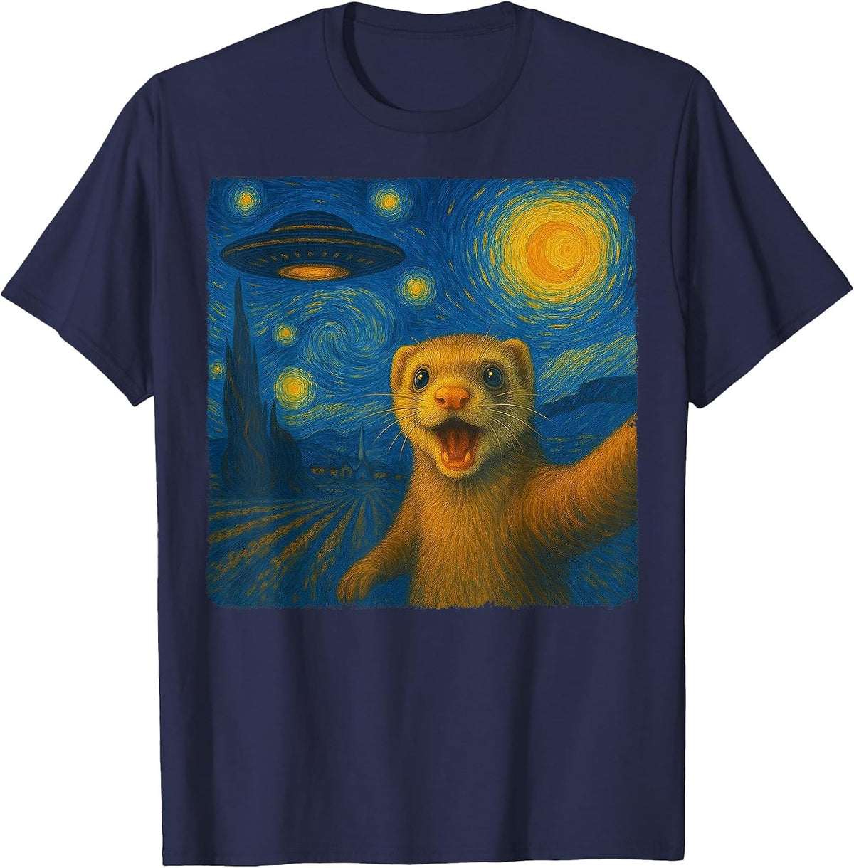 Ferret Selfie with UFO Starry Night Van Gogh Men Women Kid T-Shirt - Navy Blue
