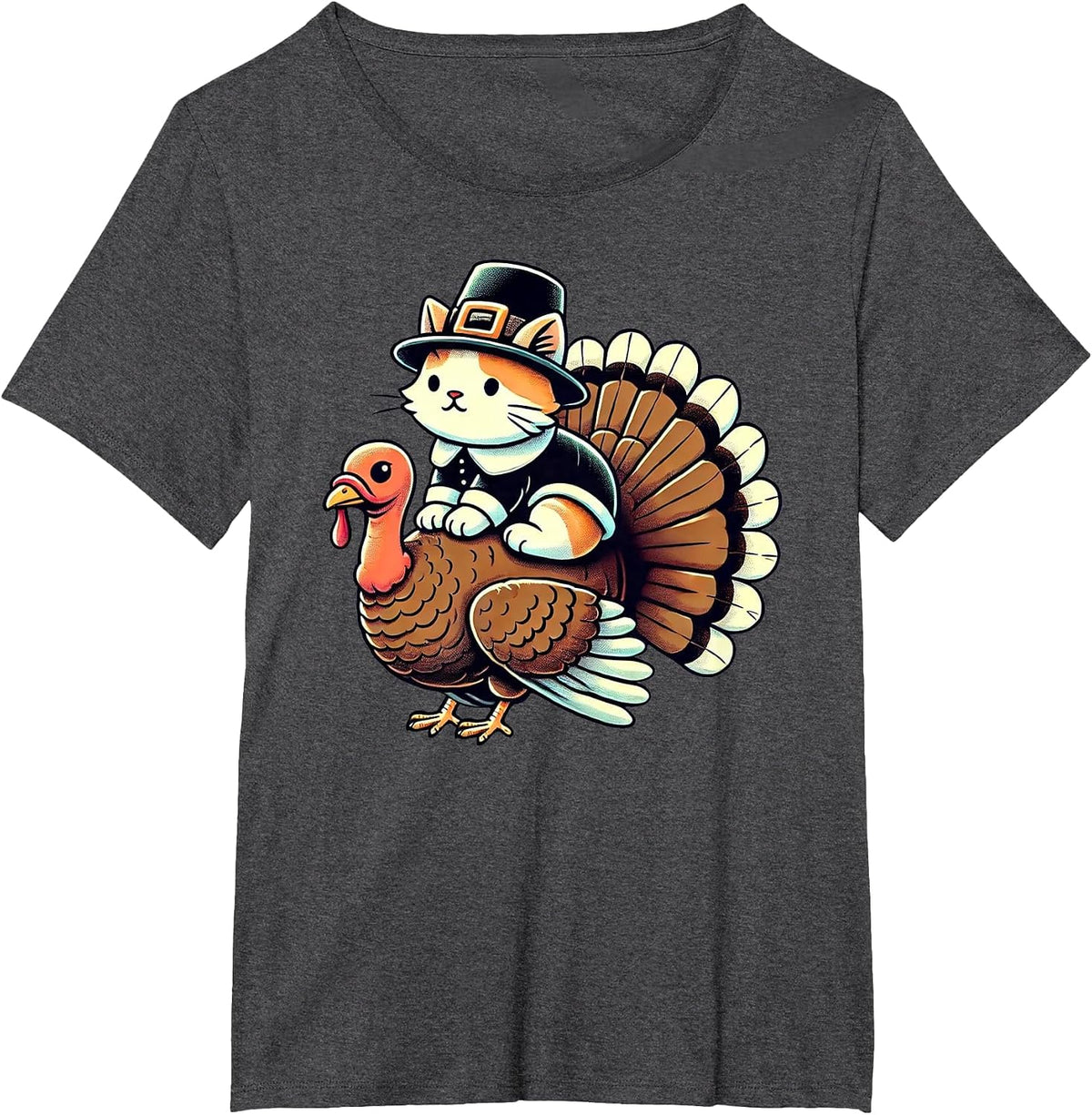 Pilgrim Cat Costume On Turkey Funny Thanksgiving Turkey T-Shirt - Dark Heather Grey