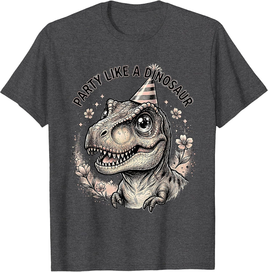 Men's Party Like a Dinosaur Birthday Celebration Design T-Shirt - Dark Heather Grey