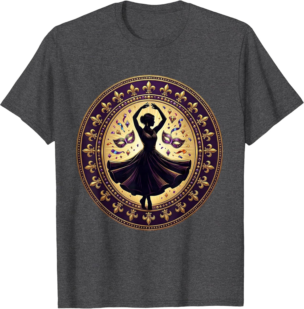 Men's Mardi Gras Dancing Silhouette Confetti Design T-Shirt - Dark Heather Grey