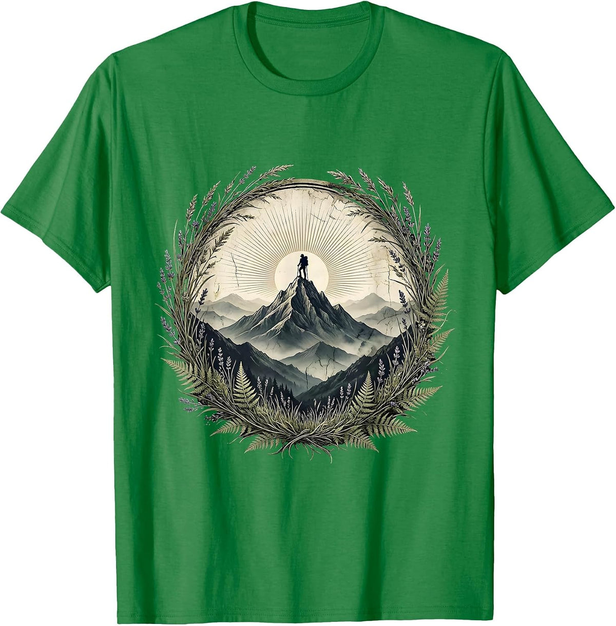Men's Hiker Silhouette Misty Mountain Peak Adventure T-Shirt - Kelly Green