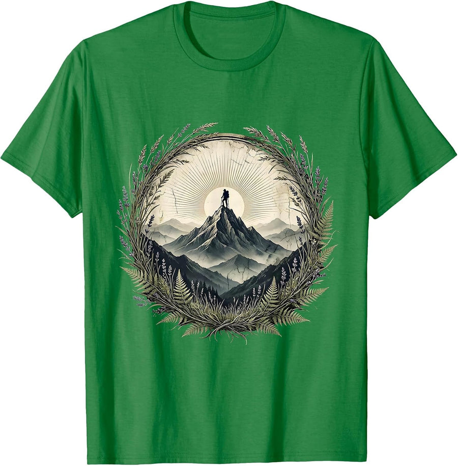 Men's Hiker Silhouette Misty Mountain Peak Adventure T-Shirt - Kelly Green