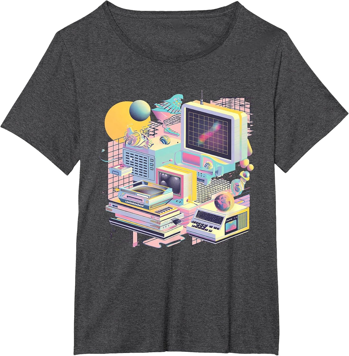 Retro Futuristic Synthwave Style Aesthetic T-Shirt - Dark Heather Grey