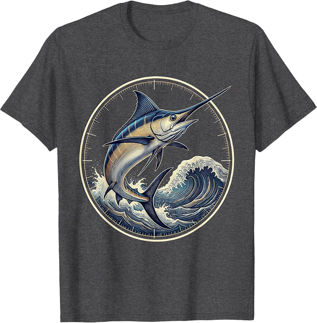 Gulf of Mexico Jumping Marlin Wave Illustration T-Shirt - Dark Heather Grey