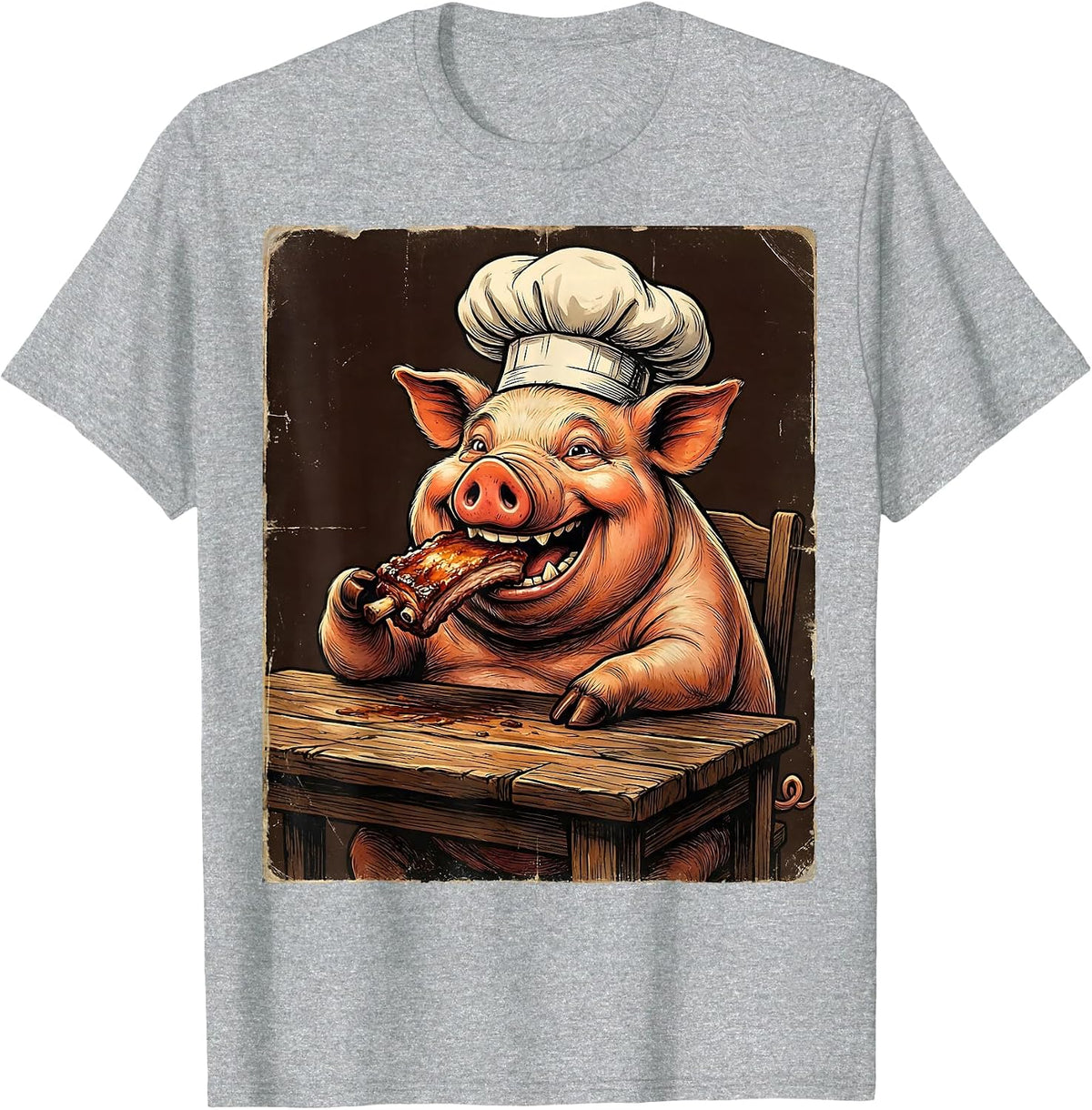 Men's Funny Pig Chef Eating Ribs BBQ Humor Graphic T-Shirt - Heather Grey
