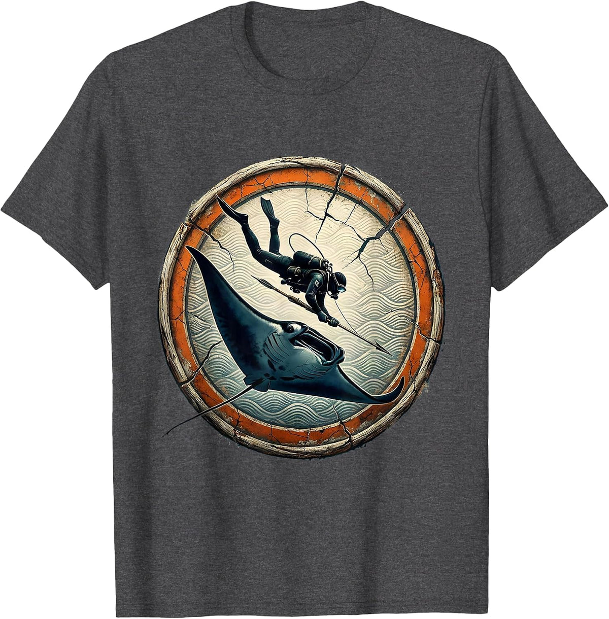 Spearfisher and Manta Ray Underwater Art T-Shirt - Dark Heather Grey