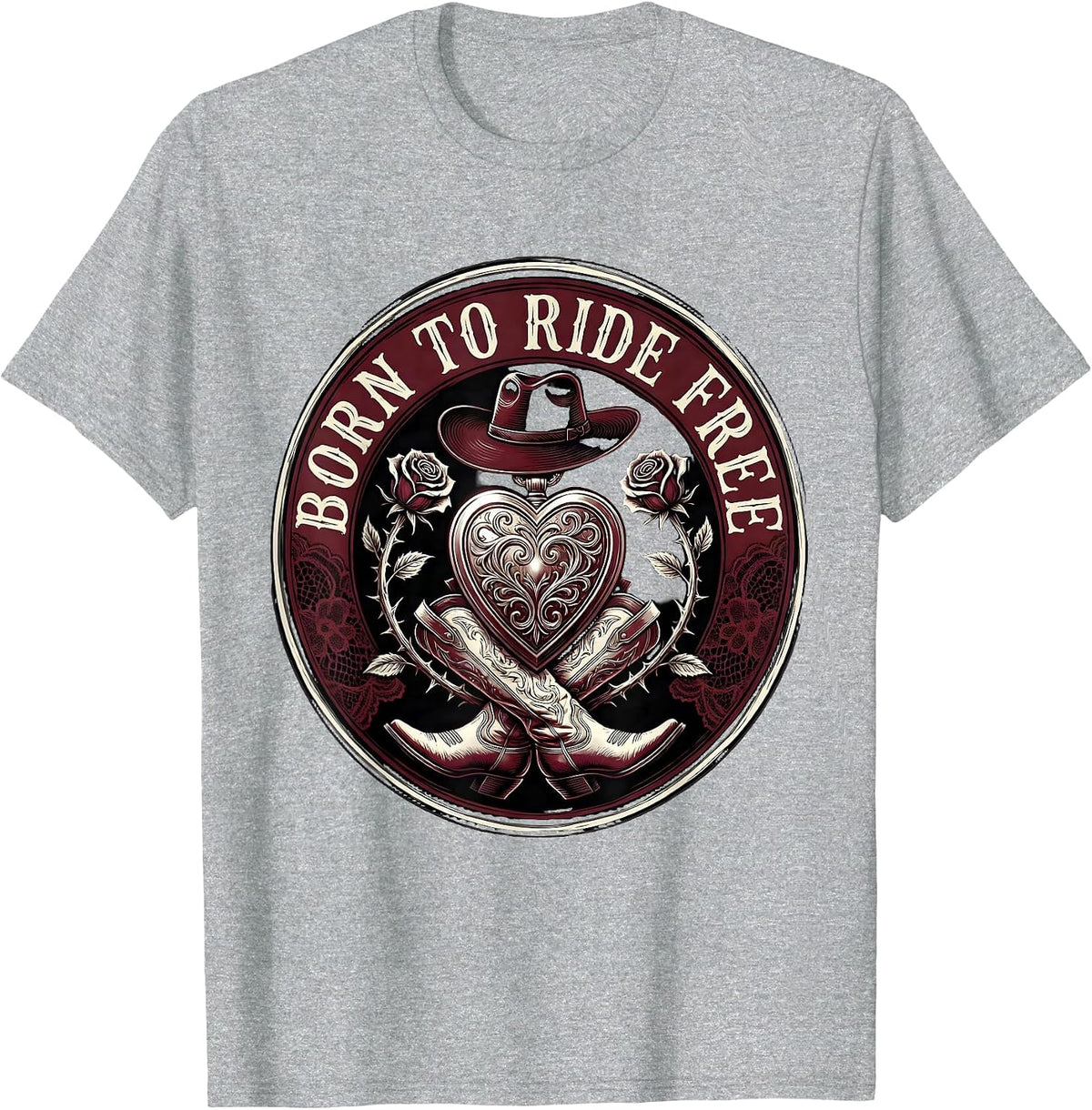 Men's Born to Ride Free Rodeo Cowgirl Design T-Shirt - Heather Grey