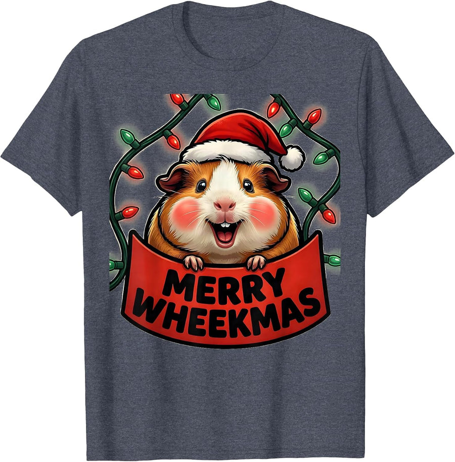 Merry Wheekmas Cartoon Guinea Pig Santa Hat Pet Lover T-Shirt - Heather Blue