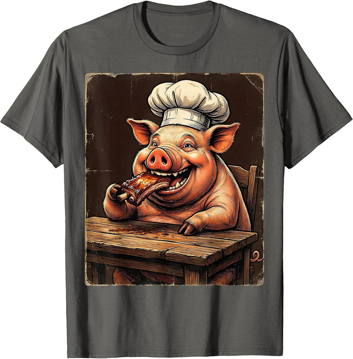 Men's Funny Pig Chef Eating Ribs BBQ Humor Graphic T-Shirt - Asphalt Grey