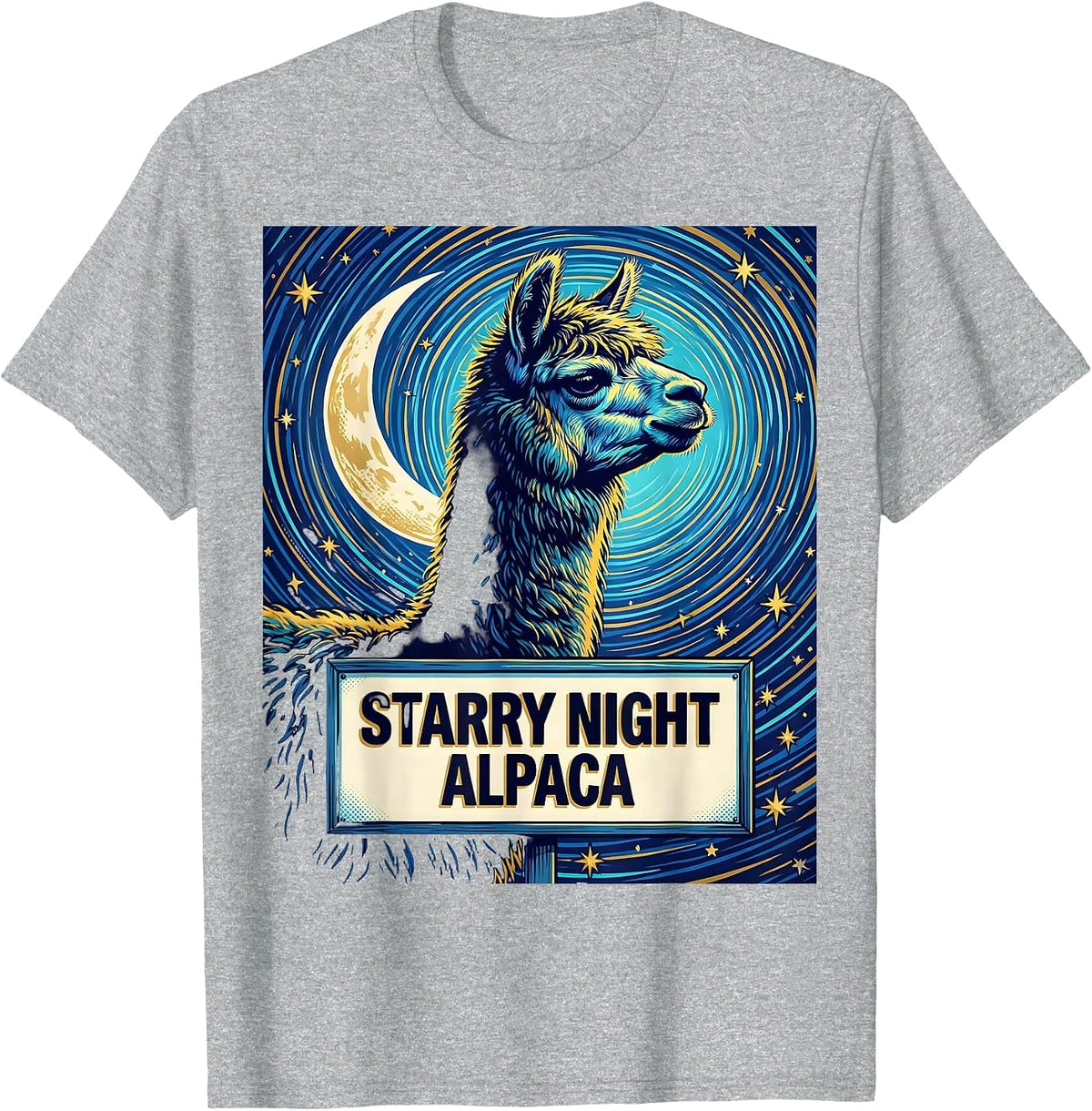 Men's Starry Night Alpaca Pop Art Alpaca Lover Van Gogh Style T-Shirt - Heather Grey