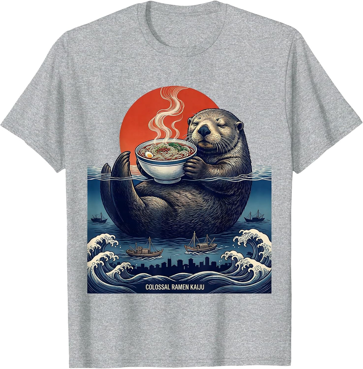 Men's Colossal Ramen Kaiju Ukiyo-e Japanese Pop Culture Streetwear T-Shirt - Heather Grey