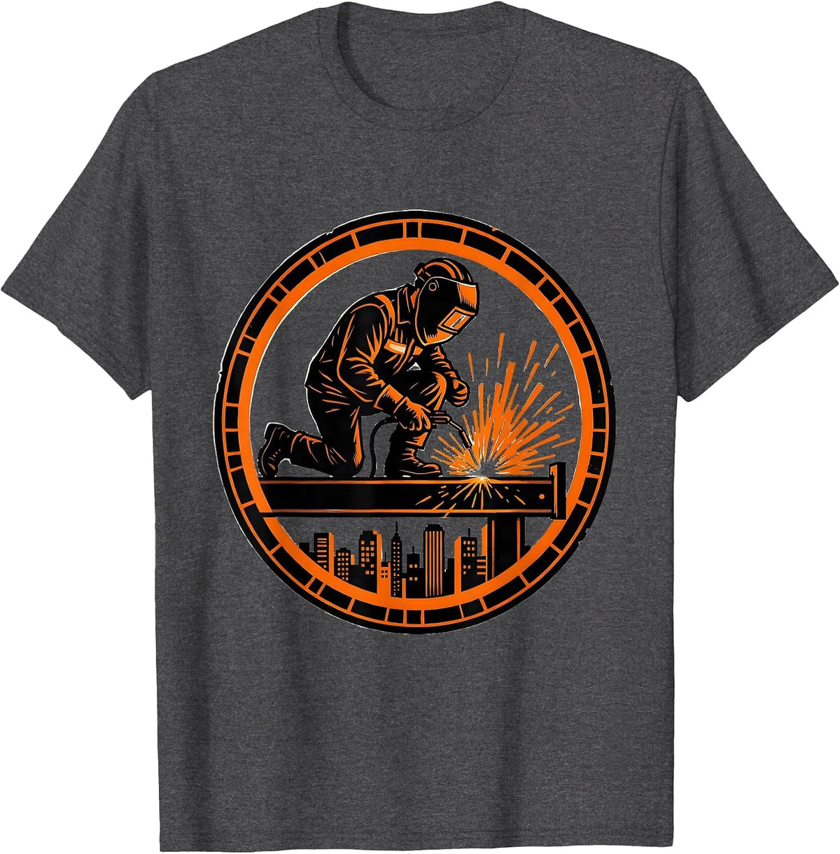Welder on Iron Beam High Above the City T-Shirt - Dark Heather Grey