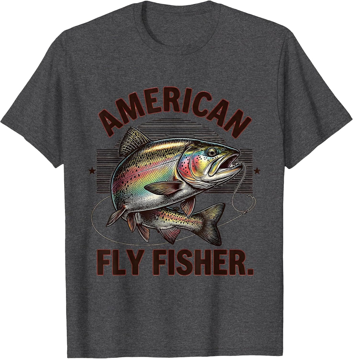 Men's American Fly Fisher Vintage Engraved Trout Patriotic Camo T-Shirt - Dark Heather Grey