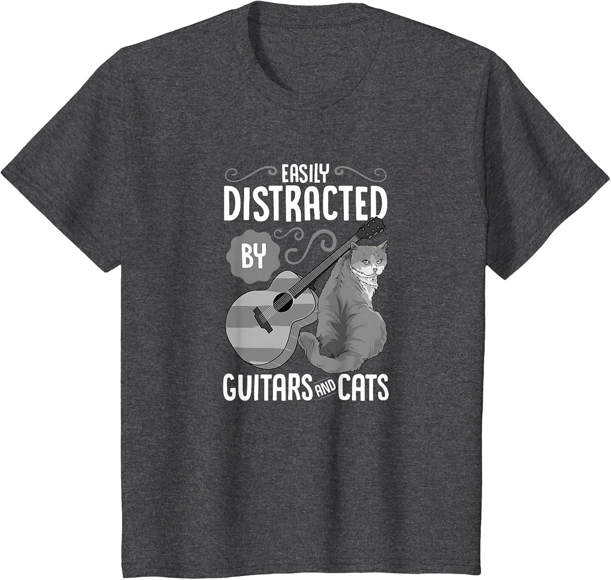 Easily Distracted by Guitars and Cats - Cat & Guitar Lover T-Shirt - Dark Heather Grey