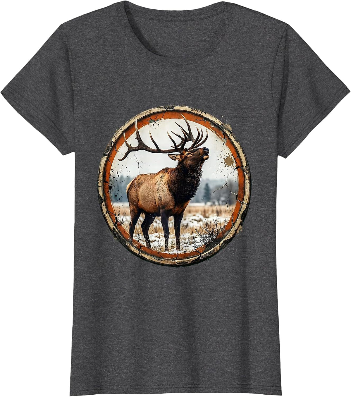Women's Bull Elk Bugling in Snowy Meadow Illustration T-Shirt - Dark Heather Grey